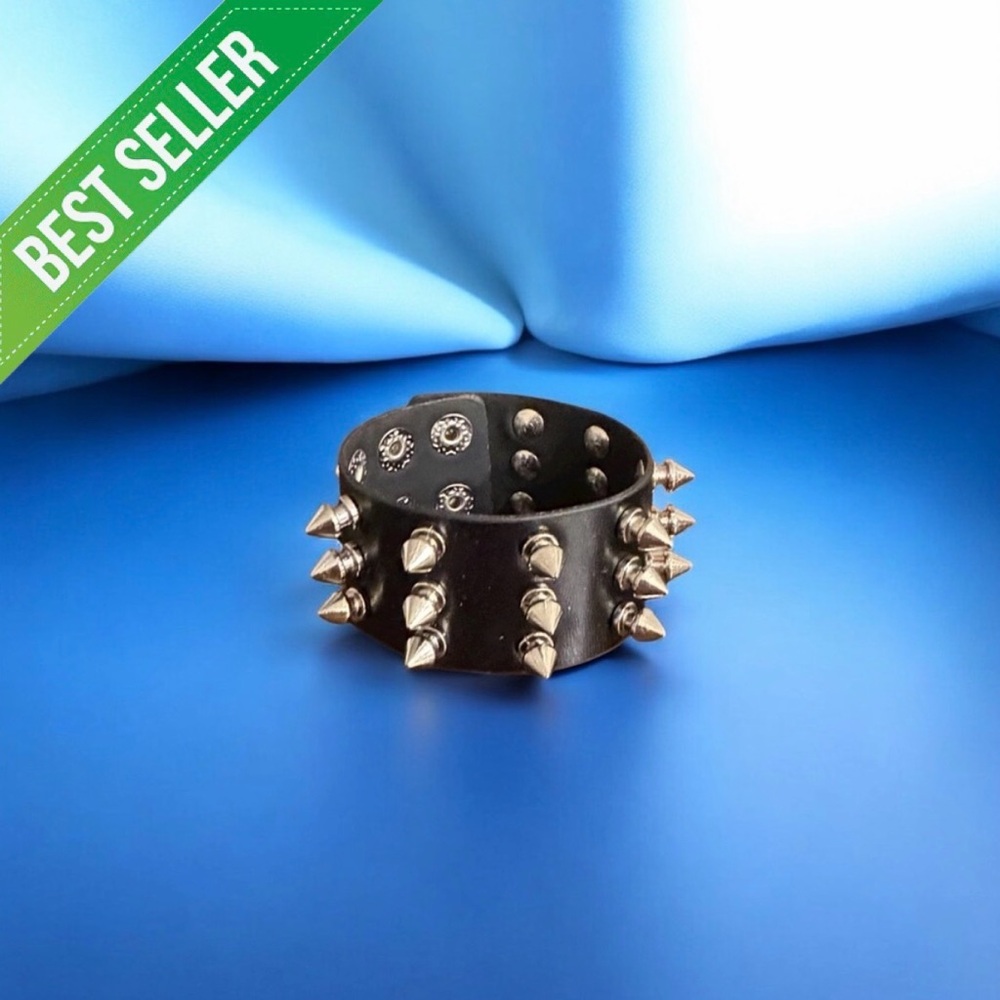 Black Faux Leather Spiked Punk Bracelet – Goth Skater Emo Rock Fashion Jewelry